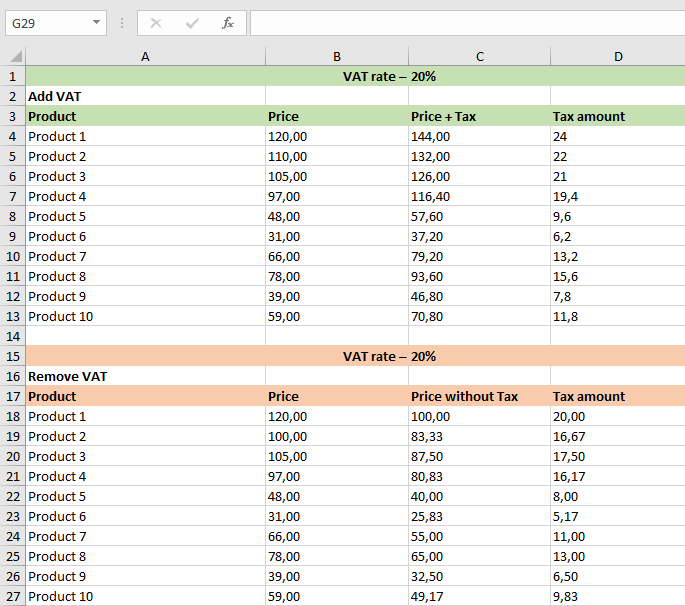 how to calculate VAT in excel